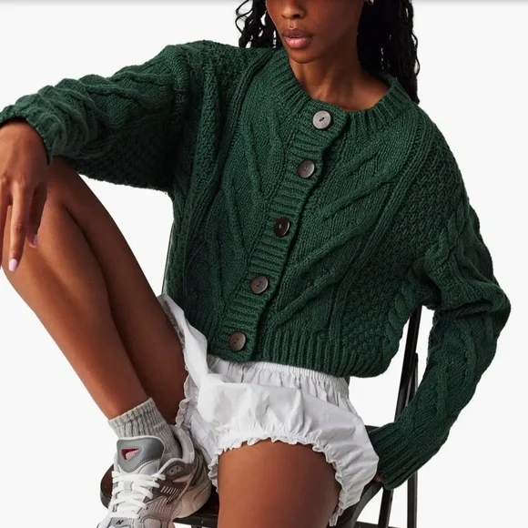 Free People Bonfire Cable Knit Cardi - Forest Green - Picture 6 of 6